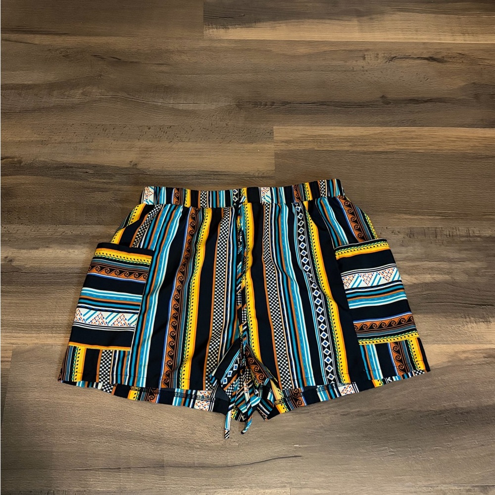 Womens SHEIN Black, Yellow & Teal Striped High-Waist Shorts Size Large